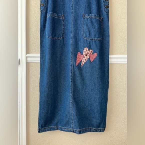 Vintage Haik's Denim Modest Patchwork Hearts Maxi Dress Buckle Straps Sz Large - Picture 6 of 14